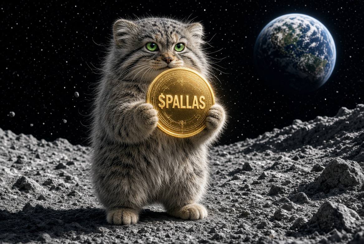 Pallas's cat holding a glowing gold $PALLAS coin on the moon